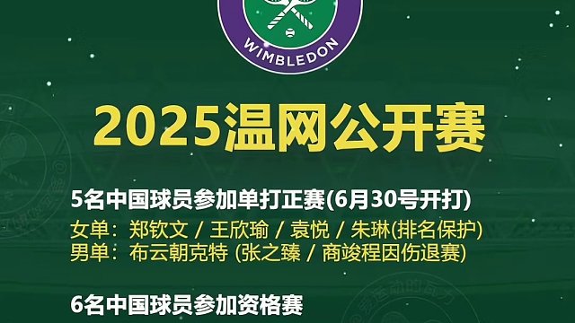 2025溫網(wǎng)公開賽 5名中國球員進(jìn)入正賽，6名中國球員參加資格賽，預(yù)祝球員取得好成績！