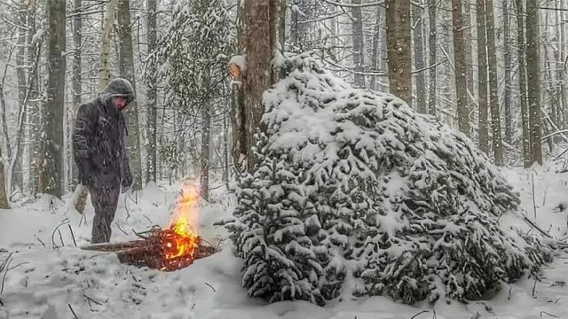 野外求生遭遇暴风雪突袭，小伙灵机一动，利用树枝快速搞定避难所