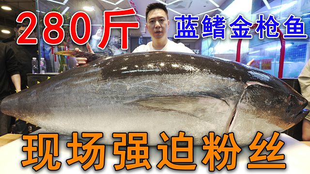 殺一條280斤的藍(lán)鰭金槍魚，現(xiàn)場(chǎng)強(qiáng)迫粉絲吃，一口198元