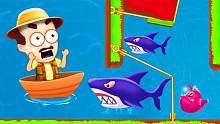 大叔冒险记 大叔水里划船，遇到了两只大鲨鱼