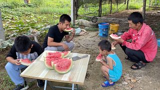 一家人的日常生活，小伙打完大米吃西瓜，又大又甜真解渴