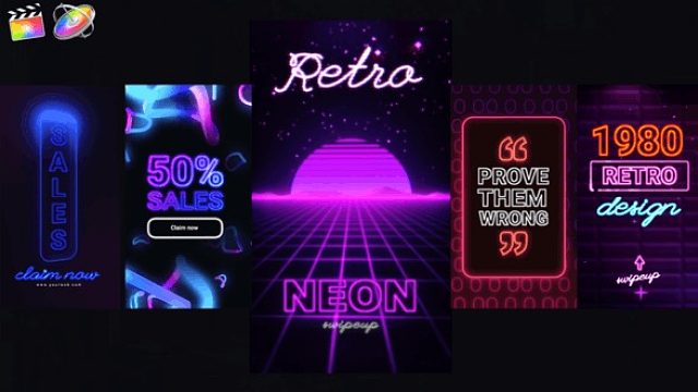 fcpx插件 5组80s复古霓虹灯效果竖屏模板 Neon Ins Stories