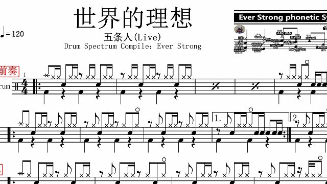 【椰壳鼓手】五条人 世界的理想鼓谱架子鼓鼓谱高清动态鼓谱