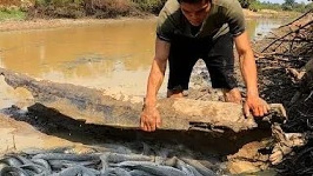 拿着大箩筐去池塘捕鱼咯！