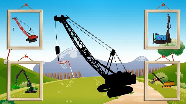 认识大型挖土机，码头抓料机，塔式吊机等颜色工程车