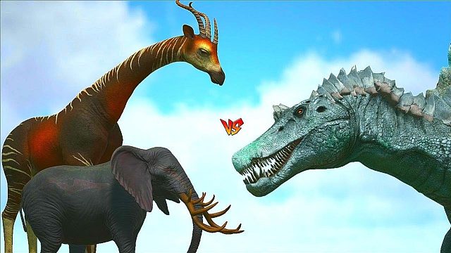 方舟恐龙对战：森林大象与长颈鹿vs大型恐龙！太弱了！