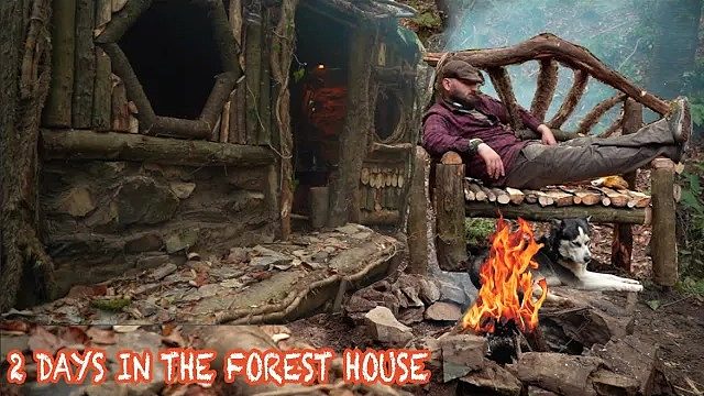 056 .丛林木屋的2天日常生活，原木座椅，篝火烹饪