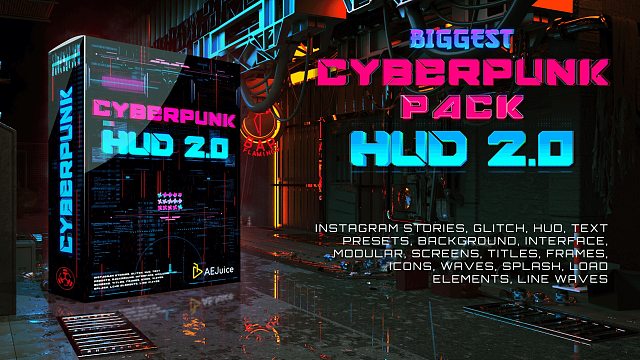 AE模板 科幻HUD赛博朋克霓虹风格动画元素包  AEJuice Cyberpunk HUD 2.0
