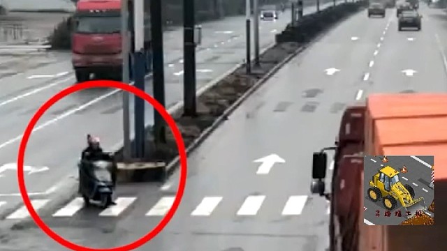 大货车发生侧滑碾压到路边电动车，电动车主奇迹生还