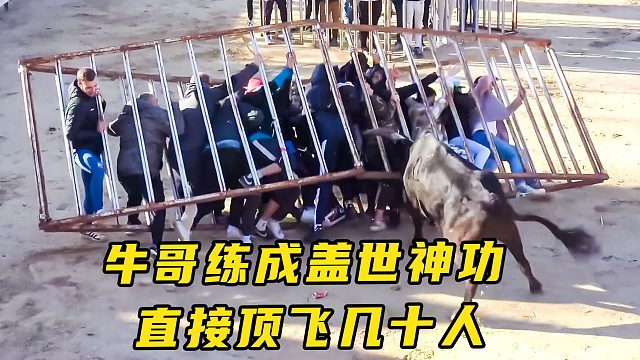 国外斗牛比赛太激烈，牛哥练成盖世神功，直接将几十人顶飞上天