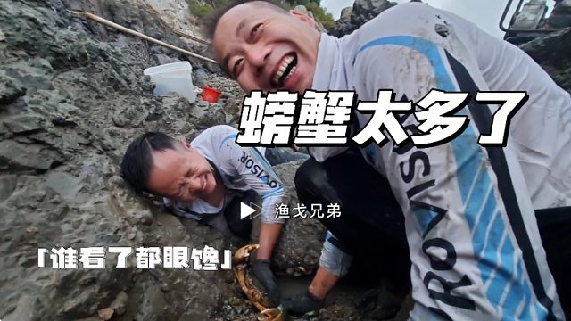 一年前抓十几斤大螃蟹的水坑，没想到这次抓得更多，大伙激动坏了