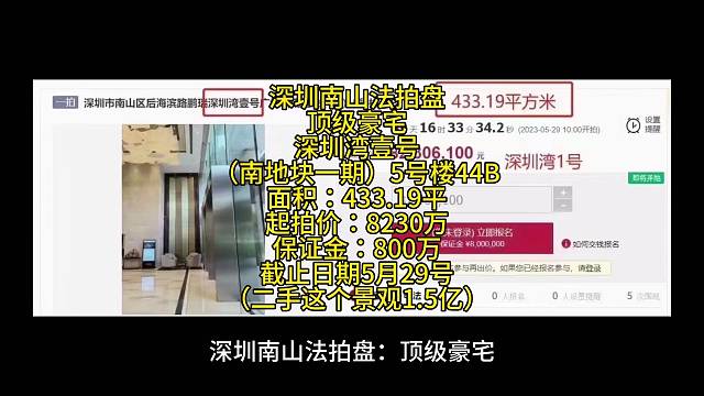 深圳南山法拍盘：顶级豪宅
深圳湾壹号（南地块一期）5号楼44B
面积：433.19平
起拍价：823
