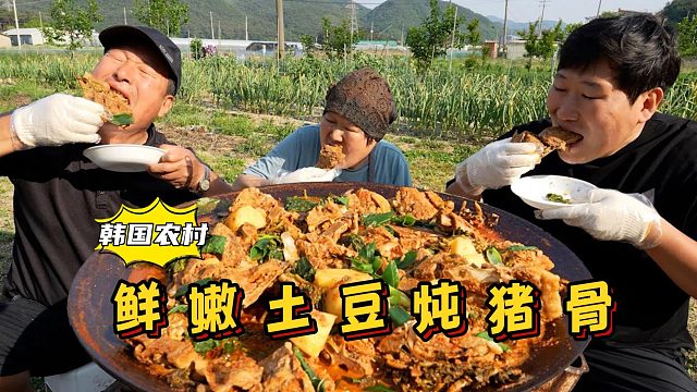 在院子里和爸妈一起享用土豆炖猪骨，肉香四溢，大口吃肉嘎嘎爽！