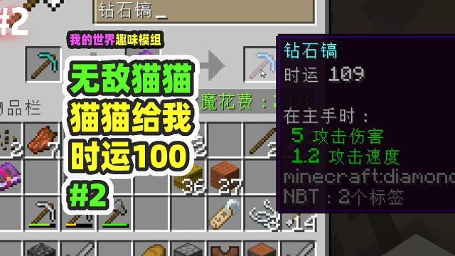 我的世界：无敌猫猫2，猫猫给我时运100，钻石块铺路