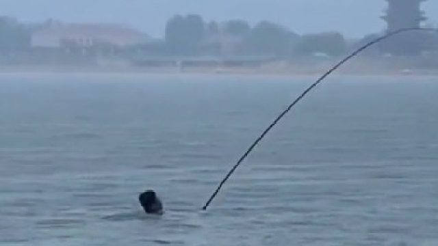 钓鱼被鱼拖到河中，男子只露个脑袋也不肯松开鱼竿