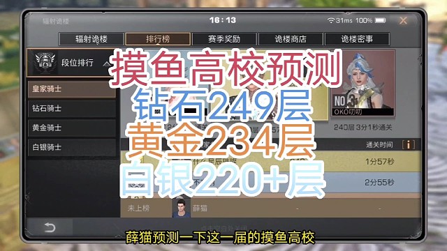 明日之后摸鱼高校预测，钻石249层，黄金234层，白银220 层～
