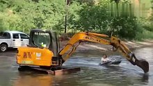 男子开挖掘机带老婆玩水，拉着老婆在小溪里转圈圈，“他可真会哄老婆呀”