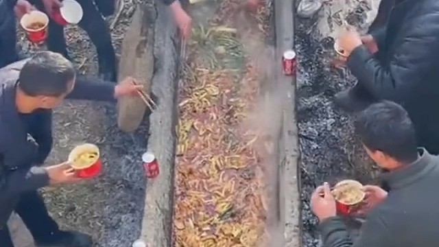 果真有人用猪槽子当盛盆吃饭了