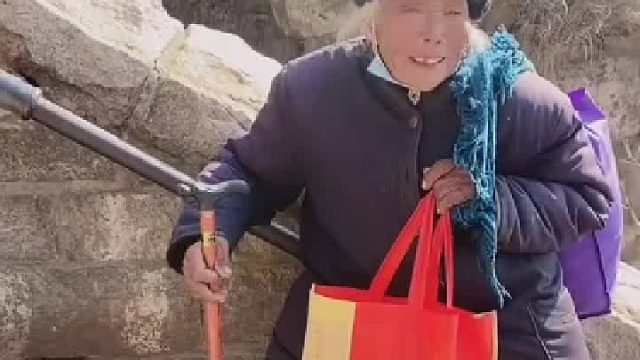 90岁奶奶一人爬泰山