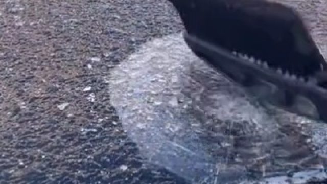男子铲车外面的冰壳将玻璃铲碎了
