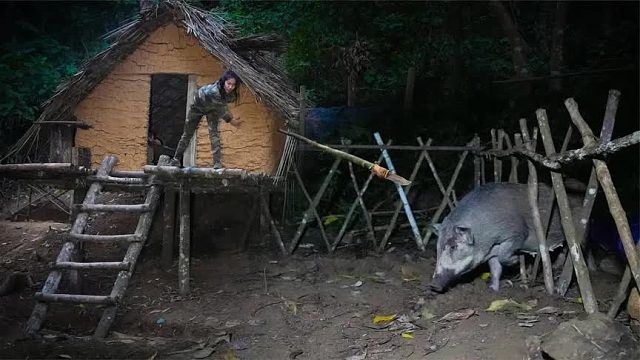 天才少女挑战野外求生存，自建奇妙荒野庄园，半夜却被大野猪偷袭