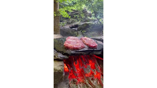 带上二狗子去山后面小溪边来一次石板烤肉