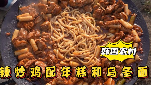 鸡肉切块加配料翻炒入味，再加入软糯年糕和乌冬面，看着就好吃！