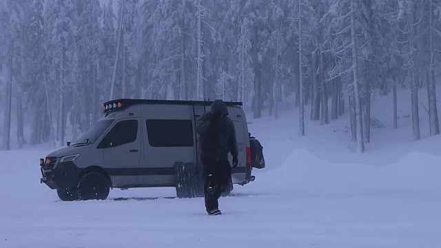 胡子老哥在雪天的房车生活