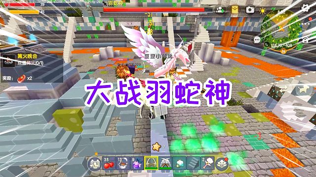 迷你世界南瓜头生存14：召唤金字塔，双持镰刀和战锤大战羽蛇神