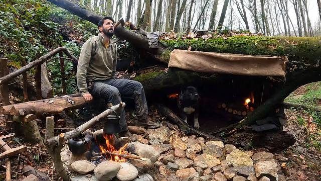 和我的狗闯荡丛林大山，在一棵倒塌的大树下，建造出来奢华小窝窝