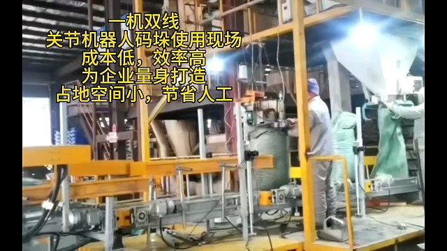 一机双线码垛机，关节机器人码垛，成本低，效率高，占地空间小，节省人工饲料码垛机