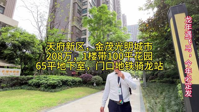 天府新区，金茂光明城市
208万，1楼带100平花园
65平地下室，门口地铁骑龙站
大润发，沃尔玛