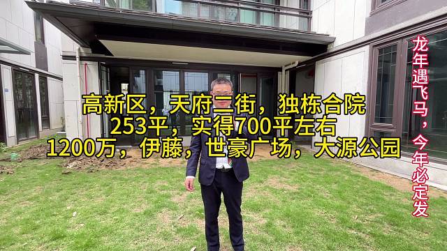 高新区，天府二街，现房，独栋合院
地上3层，地下6米层高
253平，实得700平左右
1200万