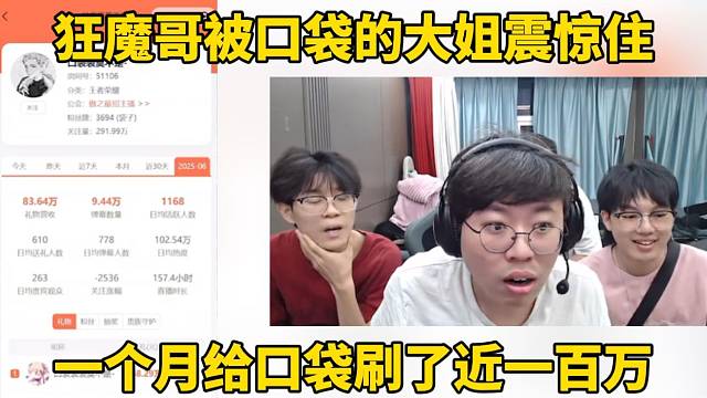 狂魔哥被口袋的大姐震驚住，一個月給口袋刷了近一百萬！