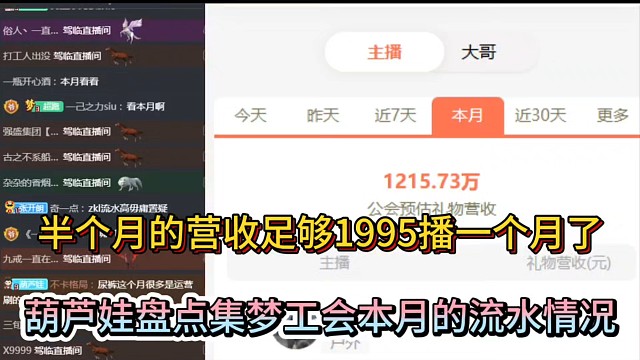 半個月的營收足夠1995播一個月了，葫蘆娃盤點集夢工會本月的流水情況！