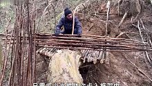 男人在倒下的树根处，建造了一个温暖舒适的庇护所(2)