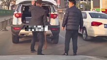 “路怒症”发作？两男子将车停在马路中间发生争执。“君子动口不动手”