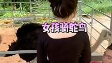 女孩骑鸵鸟，被吓一跳