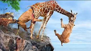 愤怒的长颈鹿母亲将狮子扔进深渊，以报仇婴儿长颈鹿!