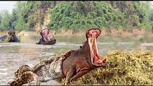 太痛苦了!河马无奈地看着巨蟒吞掉队友，野生动物攻击!