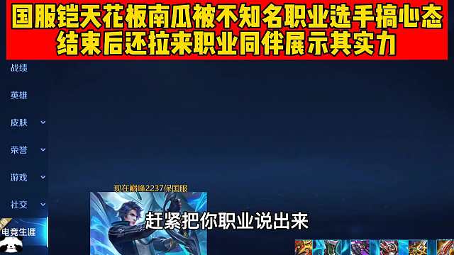 国服铠南瓜被匿名职业老虎连喷太菜，结束还