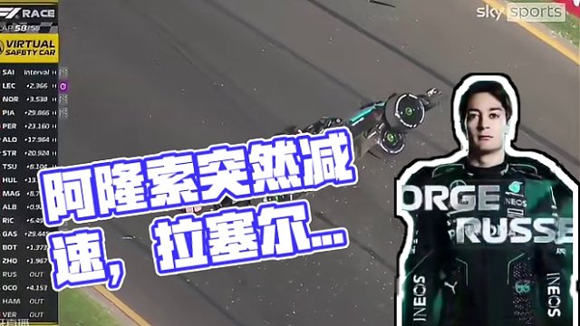 #2024f1澳大利亚大奖赛 最后一圈6号弯处阿隆索突然减速入弯，身后的拉塞尔吃到尾流来不及反应直接