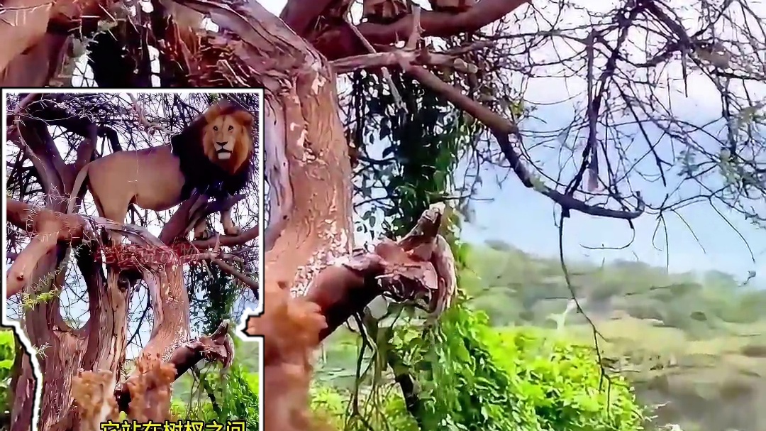 狮王捕获了一头水牛，它爬到树上，呼喊狮群过来吃牛肉