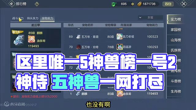 区里唯一5神兽榜一号2神侍 全7元素 很多鸿蒙 实战词条兵魂2情绪 #妄想山海 #游戏账号 #手机游