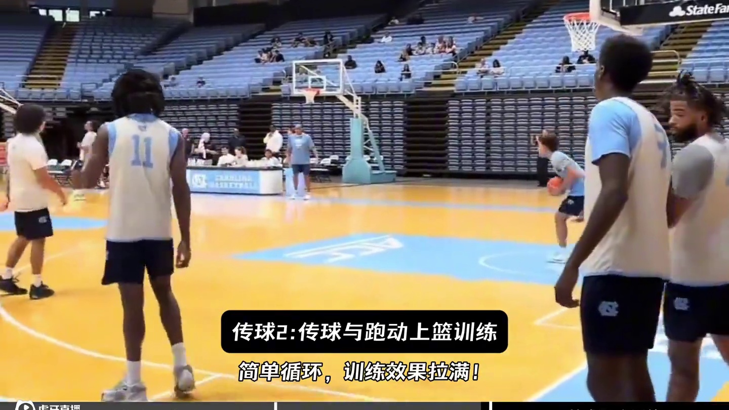美国篮球名校训练课 北卡罗莱纳大学完整一节课篮球训练，包含8种热身训练，两种传球训练，两种战术跑位训