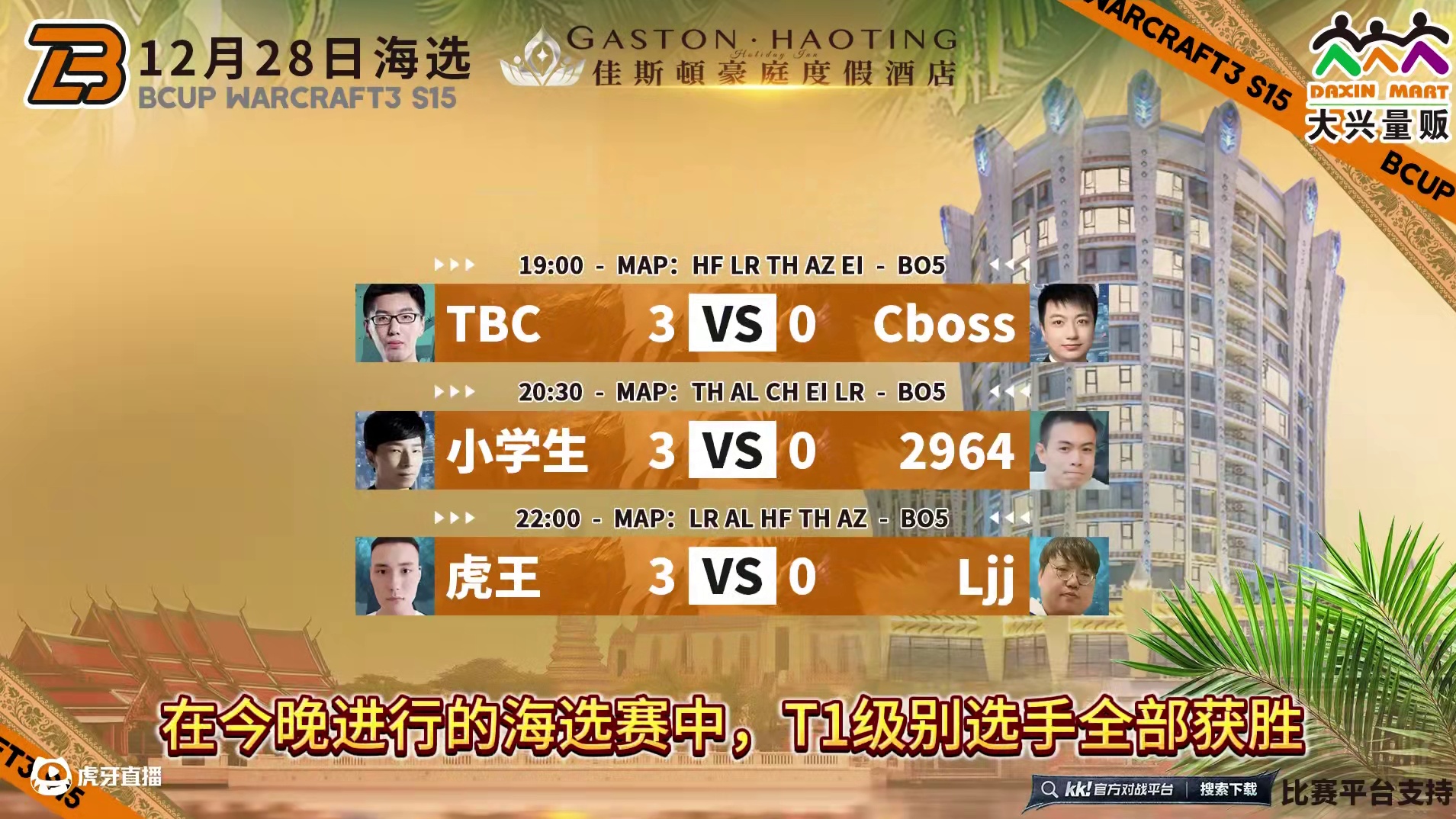 TBC，小学生，虎王晋级32强！ 12月28日大兴量贩杯B-cup魔兽争霸赛第15赛季海选赛第1天战