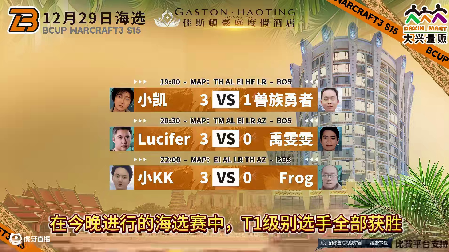 小凯，小KK，Lucifer晋级正赛！ 12月29日大兴杯B-cup魔兽争霸赛第15赛季海选赛第2天