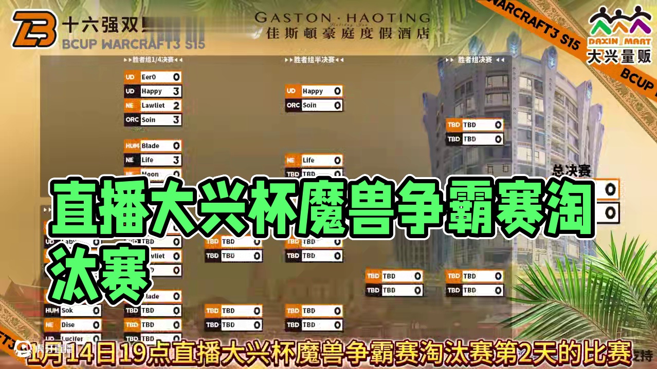 小KK对星巴克，Moon对虎王，Hawk对Laby！ 1月14日19点直播大兴杯B-cup魔兽争霸赛