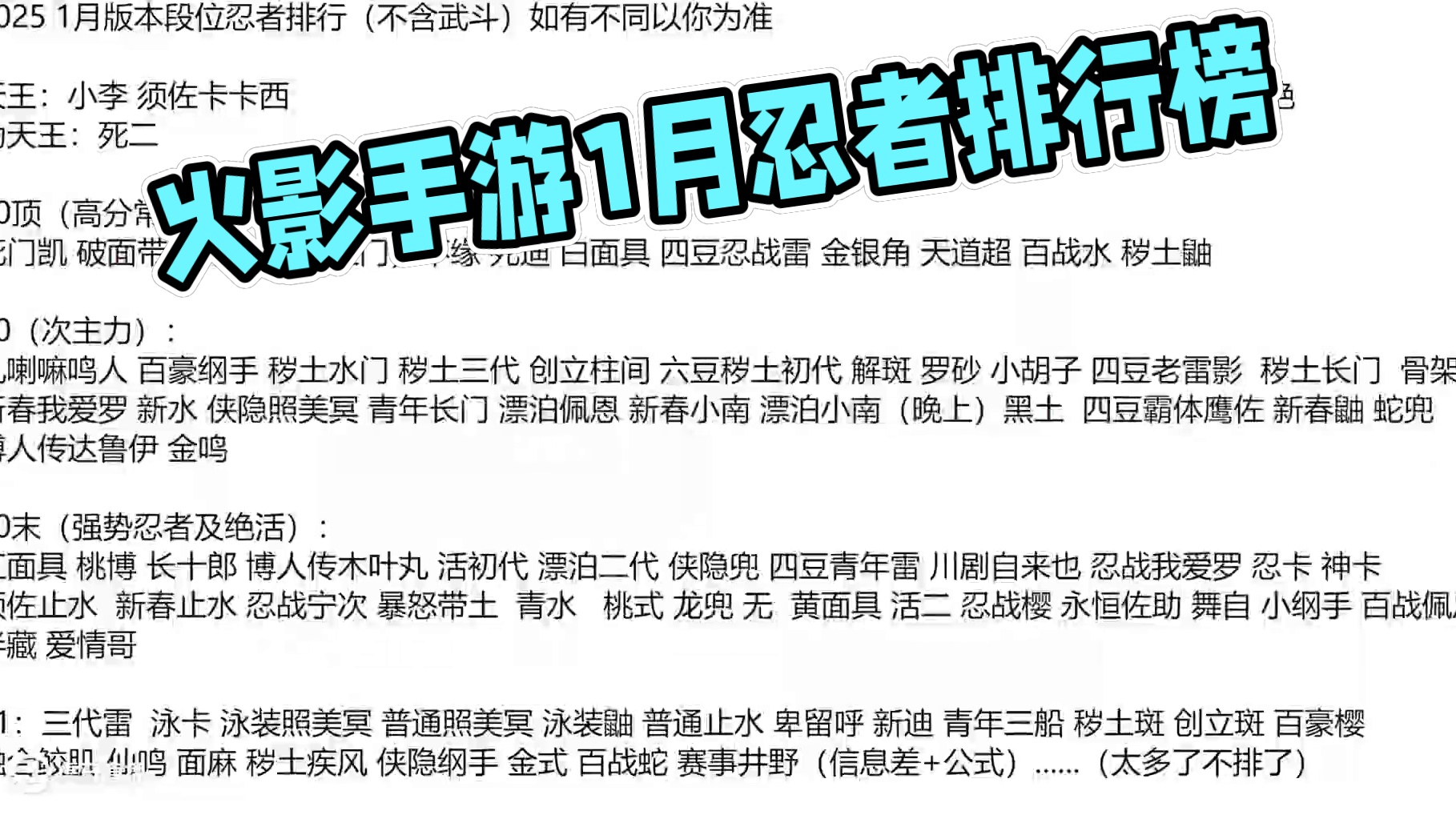 1月版本忍者排行（如有不同以你为准） #火影忍者手游 #火影手游 #火影手游攻略 #火影忍者 #超影