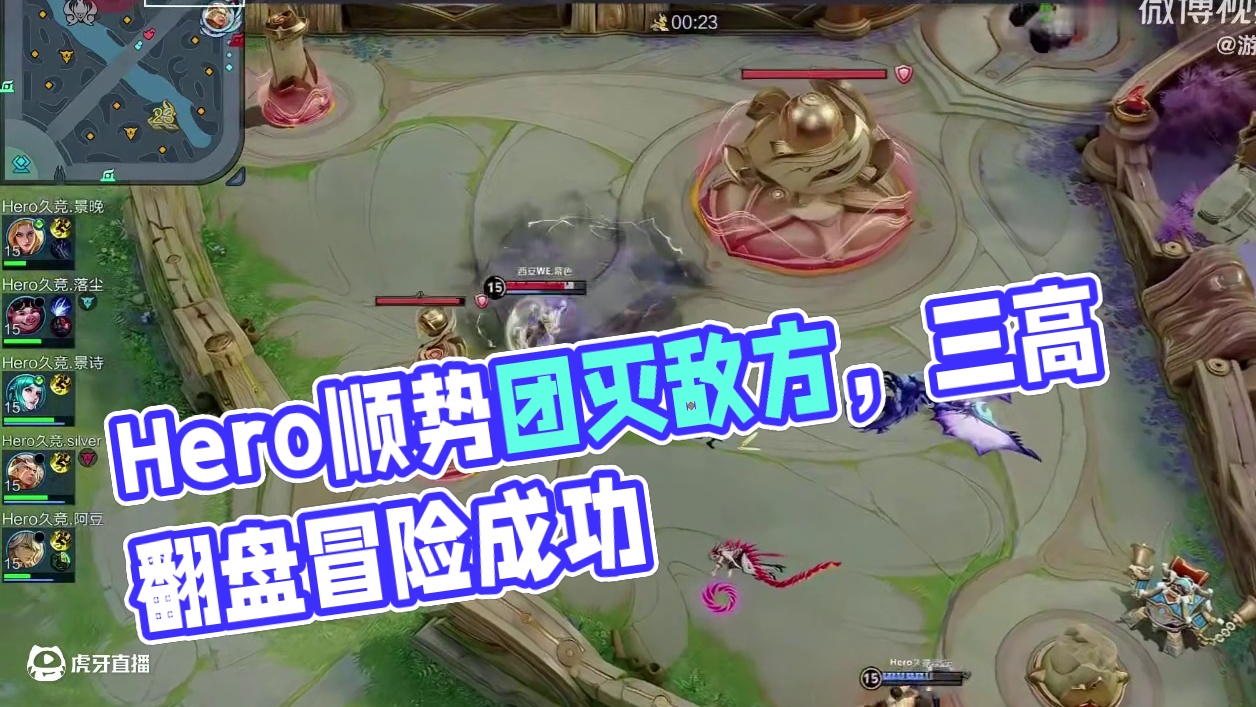 决胜团Hero随着兵线顺势推上敌方高地，以团灭敌方拿下比赛胜利！恭喜Hero打出翻盘局先拿一分！继续
